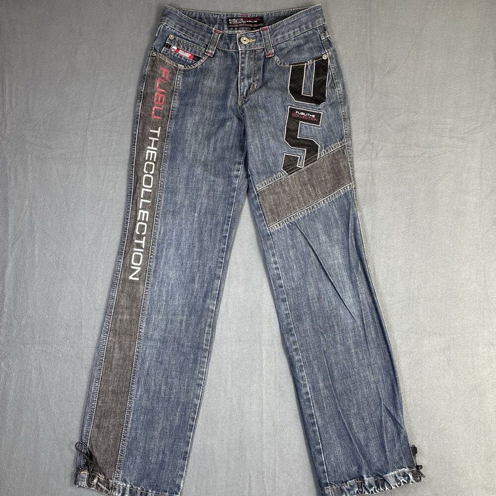 FUBU The Collection Blue And Black Patched Embroidered 27x30 Adjustable Jeans